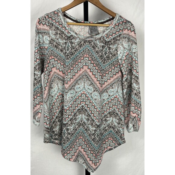 New‎ Directions Weekend Top Medium Scarf Hem Paisley Blue Brown Pink Boho Hippie - Picture 1 of 3